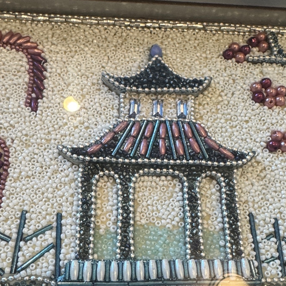 Beaded Asian Landscape Art tray with pagoda scene - Picture 8 of 9